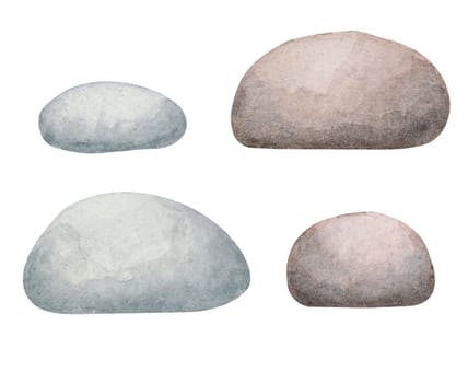 Painted stones watercolor illustration in soft gray, blue, and pink tones. Great for nature-inspired artwork, landscape compositions, childrens stories, and rustic decor designs