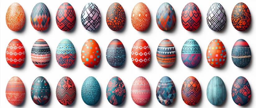 Beautifully decorated easter eggs featuring intricate designs are arranged in rows, showcasing vibrant colors and patterns perfect for celebrating spring festivities with family and friends.
