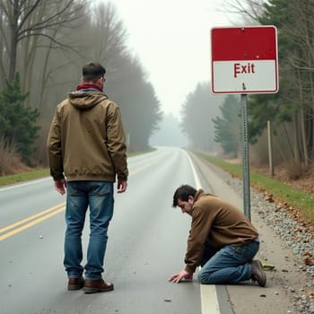 Two men confront the challenge of achieving their goals on a deserted road surrounded by trees and fog, highlighting their determination.