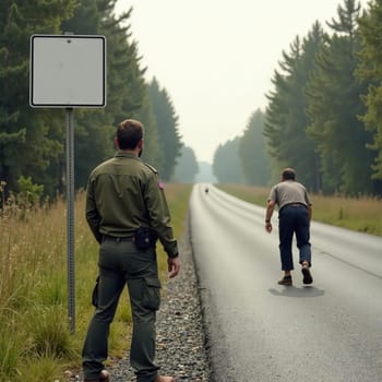 A border patrol officer stands vigilant as a man walks along a narrow road bordered by trees, illustrating tensions in immigration.