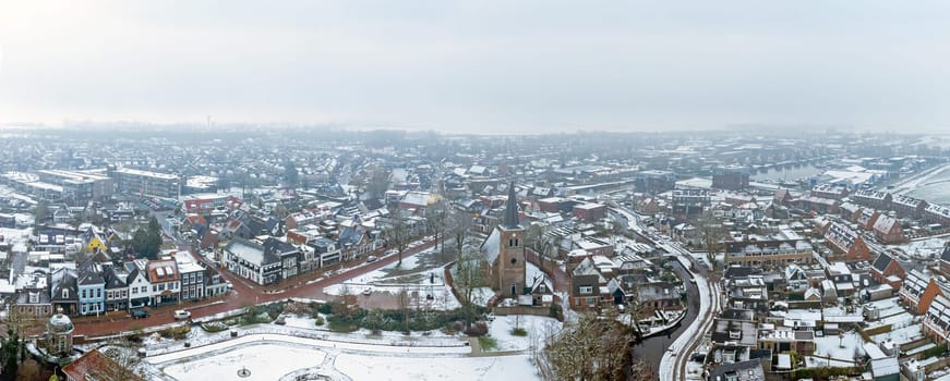 Aerial panorama from the little historical town Akkrum in Friesland the Netherlands in winter