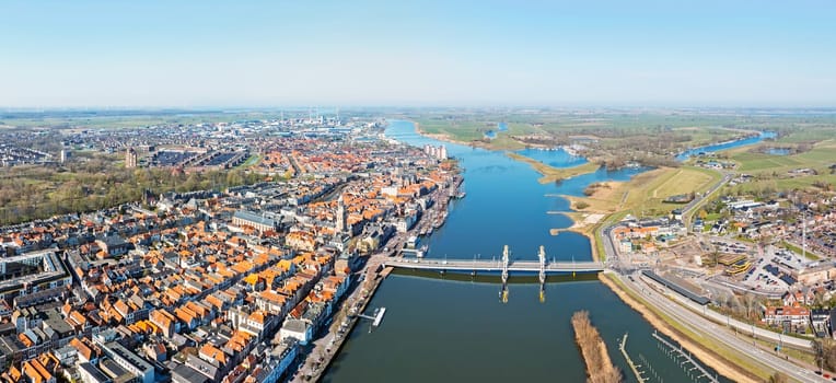 Aerial panorama from the historical city Kampen at the river IJssel in the Netherlands