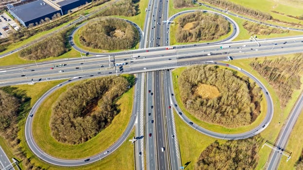 Aerial from junction Hoevelaken from highway A1 and A28 near Amersfoort in the Netherlands
