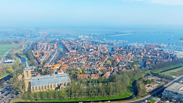 Aerial from the historical city Monnickendam in the Netherlands