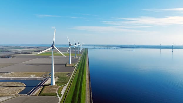 Aerial from windturbines along the IJsselmeer in the Netherlands