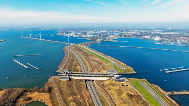 Aerial from naviduct Krabbersgat near Enkhuizen in the Netherlands. The first naviduct in the world.