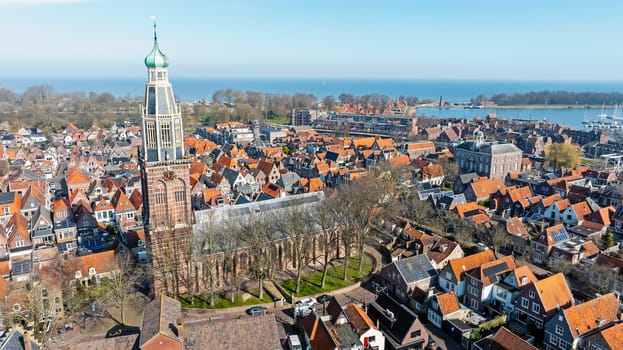 Aerial from the historical city Enkhuizen with the Zuiderkerk in the Netherlands