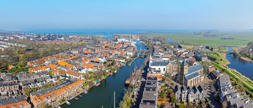 Aerial panorama from the traditional town Muiden in the Netherlands