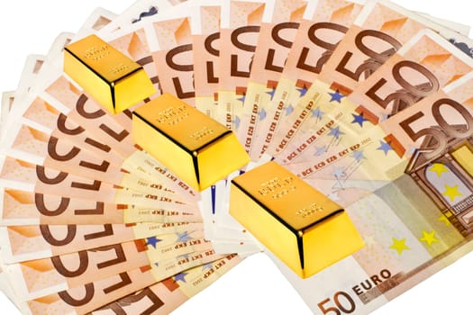 Fifty euro paper money with goldbars on a white background