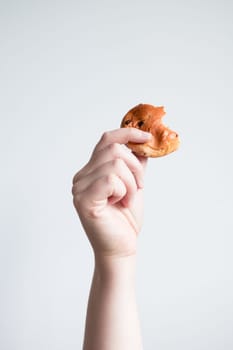 Caucasian adult hand holding half eaten chocolate chip cookie against white background.