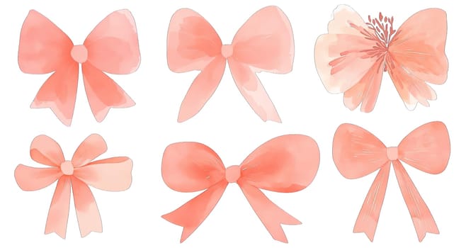 This collection features six exquisite bows and a floral design in soft coral hues, perfect for embellishing gifts, scrapbooks, or crafting projects. Ideal for various festive occasions.