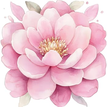 A captivating watercolor artwork displays a full bloom peony in shades of pink. The intricate details of the petals and the soft background evoke a serene and elegant atmosphere.