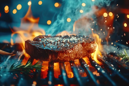 A thick, marbled steak cooks over intense flames, its surface charred and seasoned. Smoke curls as fat drips onto the embers, creating a rustic atmosphere on a dark grill.