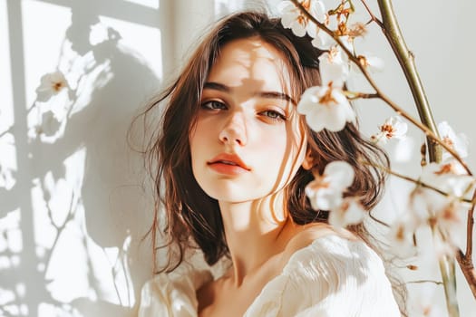 A brunette stands gracefully by a sunlit window, surrounded by delicate flowers. Natural light gently illuminates her features, highlighting her beauty and the serene atmosphere of the moment.