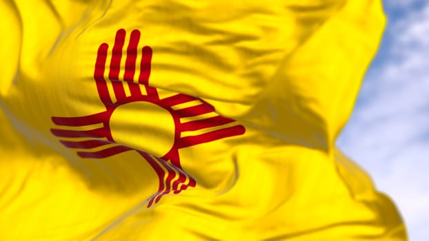 The flag of New Mexico waving in the wind, showing the red Zia sun symbol on a gold field. A sacred emblem of Puebloan heritage and spiritual balance. 3d illustration render. Rippled fabric.