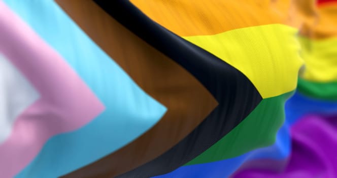Progress Pride flag waving in the wind, with inclusive colors for LGBTQIA+ identity. A vibrant symbol of equality, acceptance, and solidarity. 3d illustration render. Rippled fabric.