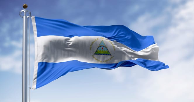 Flag of Nicaragua, with its blue-white-blue tricolor and national emblem, symbolizes peace, unity, and freedom. Rainbow, volcanoes, and liberty cap reflect resilience and hope. 3d illustration render.
