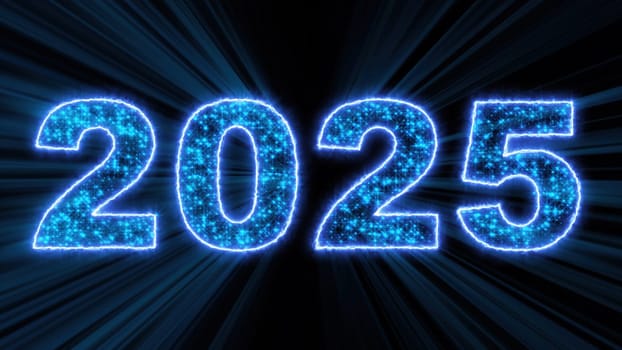 2025 glowing neon technology text. Computer generated 3d render