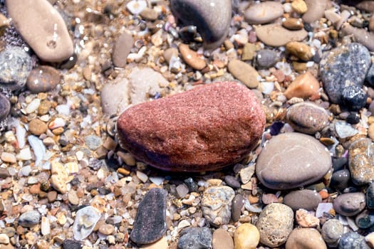 Varied stones, diverse in size and hue, lie beneath a translucent sheet of seawater, creating a mesmerizing coastal mosaic