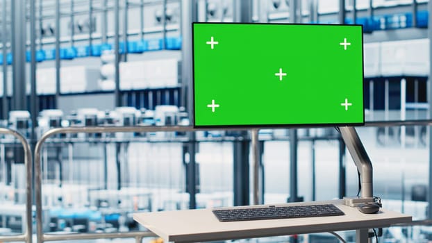 Green screen monitor displaying industrial automation software overlooking industry 4.0 smart factory. Mockup device display overseeing robotic arms, connected machines and control systems