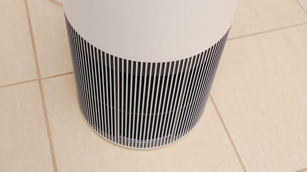 Sleek Modern Tall Air Purifier with Black Fan on Beige Tile Floor in Stylish Room.