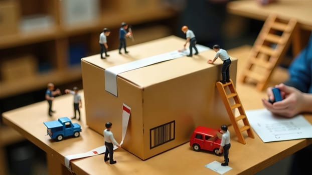 Miniature people of Diverse Individuals Collaborating to Efficiently Pack a Box with Precision and Care.