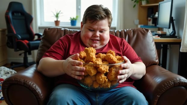 Smiling gamer teenager eating fried chicken from a bowl while sitting on a couch with gaming table setup behind