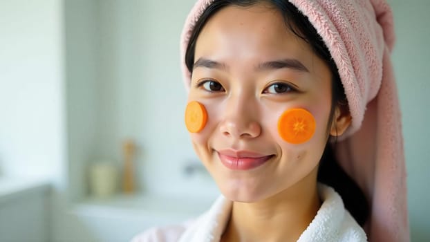 Close-up portrait of a young Asian woman with a facial mask made of carrot slices