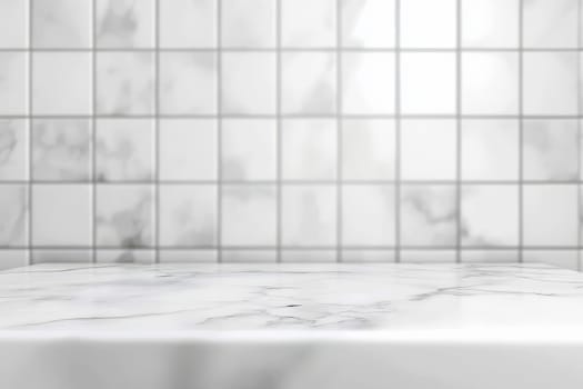 Empty white marble table top with blur tile wall bathroom background - a serene and elegant sight. This image showcases an empty white marble table top against a blurred tile wall in a bathroom..
