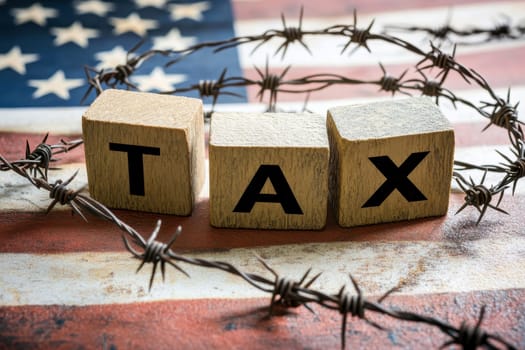 tax on wooden block in Tariffs concept with United States of America Flag..