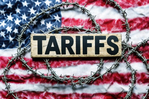 Import Trade Tariffs increase concept with United States of America Flag. Trade wars. High quality illustration