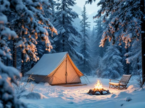 A glowing tent and campfire in a snowy forest at dusk. AI generated