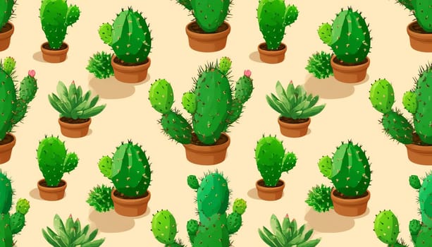 Illustration featuring a seamless pattern of various cactus and succulent pots on a beige background. Perfect for botanical and gardening themed designs or wallpapers. AI generated.