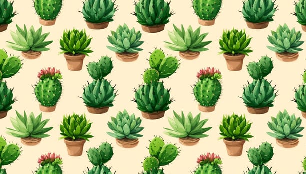 Illustration featuring a seamless pattern of various cactus and succulent pots on a beige background. Perfect for botanical and gardening themed designs or wallpapers. AI generated.