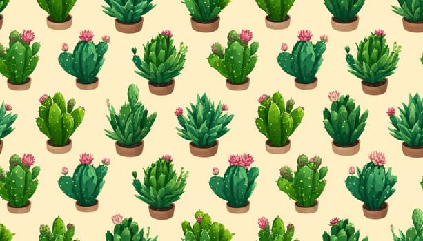 Illustration featuring a seamless pattern of various cactus and succulent pots on a beige background. Perfect for botanical and gardening themed designs or wallpapers. AI generated.