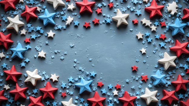 Festive arrangement of red, white, and blue stars on a textured blue background. Patriotic theme with space for text. Ideal for Bastille Day designs.
