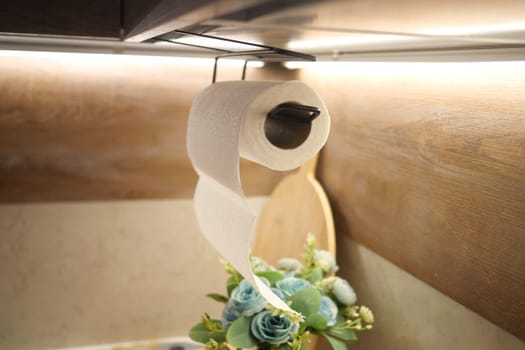 A paper towel roll is positioned above a wooden counter with plants nearby.