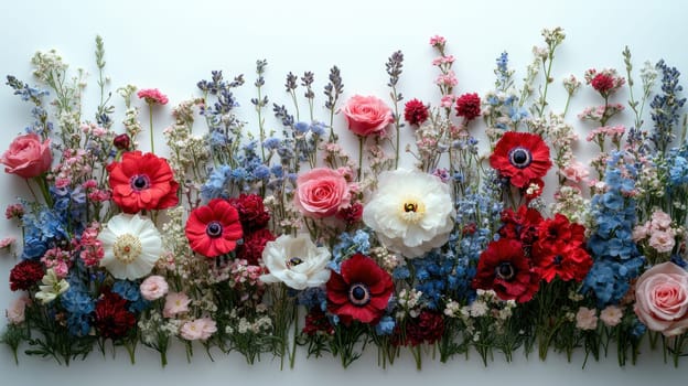 Beautiful floral arrangement with red, white, and blue flowers on a white background. Ideal for Bastille Day and patriotic celebrations.