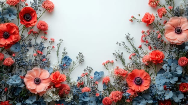 Beautiful floral border in red, blue, and white with space for text. Ideal for Bastille Day celebrations, invitations, and greeting card designs.