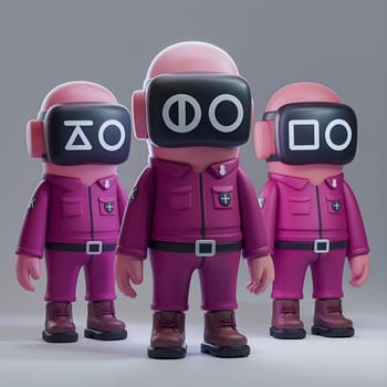 A high-quality 3D rendered image of three workers from the Squid Game series, each wearing pink jumpsuits and masks with unique symbols: triangle, circle, and square. The image features a realistic, stylized 3D aesthetic, capturing the iconic look of the characters. Ideal for digital art enthusiasts and fans of the show. High quality photo