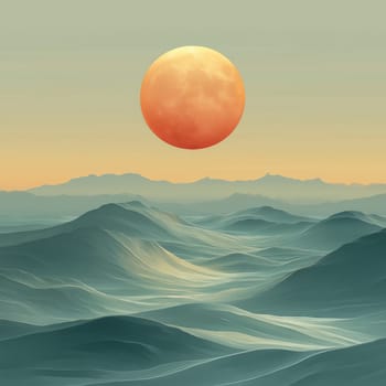 Dreamlike digital illustration of a large glowing sun above stylized misty green mountain ranges under a soft gradient sky.