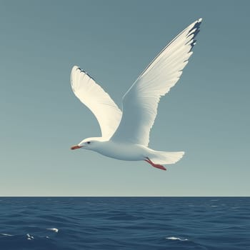 A seagull soaring above the calm ocean, with wings outstretched and a serene sky in the background.