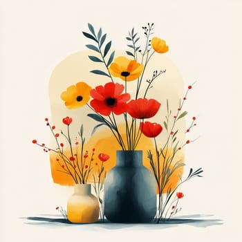 A vibrant floral arrangement with red and yellow flowers in dark and light-colored vases, set against a soft yellow background.