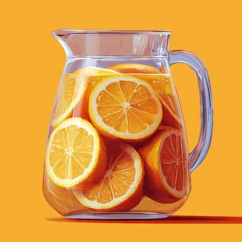A pitcher filled with refreshing lemon slices in water, set against a bright orange background, offering a fresh, citrusy appeal.