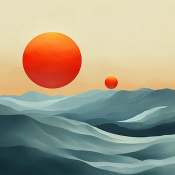 Minimalist digital illustration of two glowing red-orange suns rising or setting above smooth, layered teal mountains under a warm sky.