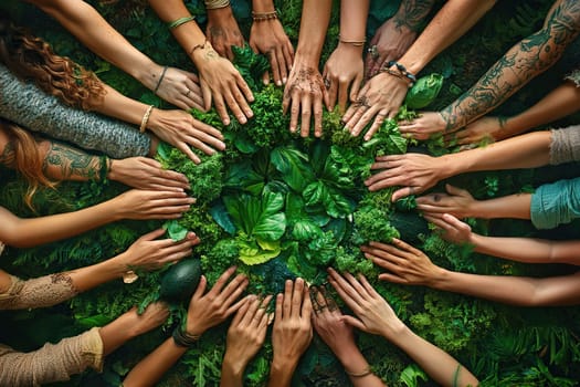 Hands from various individuals reach towards vibrant green plants. The scene symbolizes unity, connection, and a shared commitment to nature. Various accessories and tattoos add personal touches.