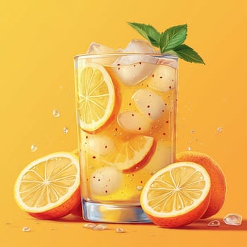 Refreshing digital illustration of a cold lemon beverage with ice cubes, lemon slices, and mint leaves on a bright yellow background.