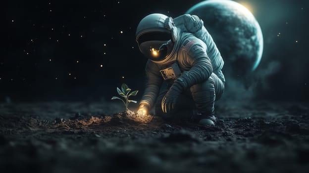 An astronaut plants a young plant on the moon's surface, with Earth glowing in the background, symbolizing hope and new beginnings.