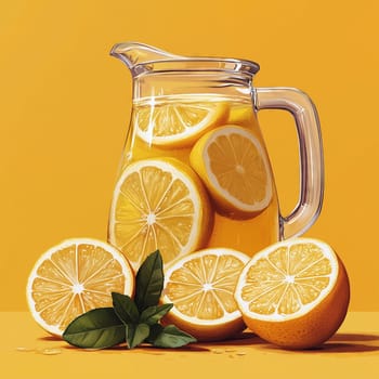 A glass jug filled with refreshing lemonade and lemon slices, placed on a vibrant yellow background.