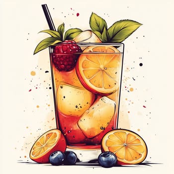 Artistic illustration of a refreshing fruit drink in a glass with orange slices, raspberry, blueberry, mint leaves, and ice cubes on a white background.